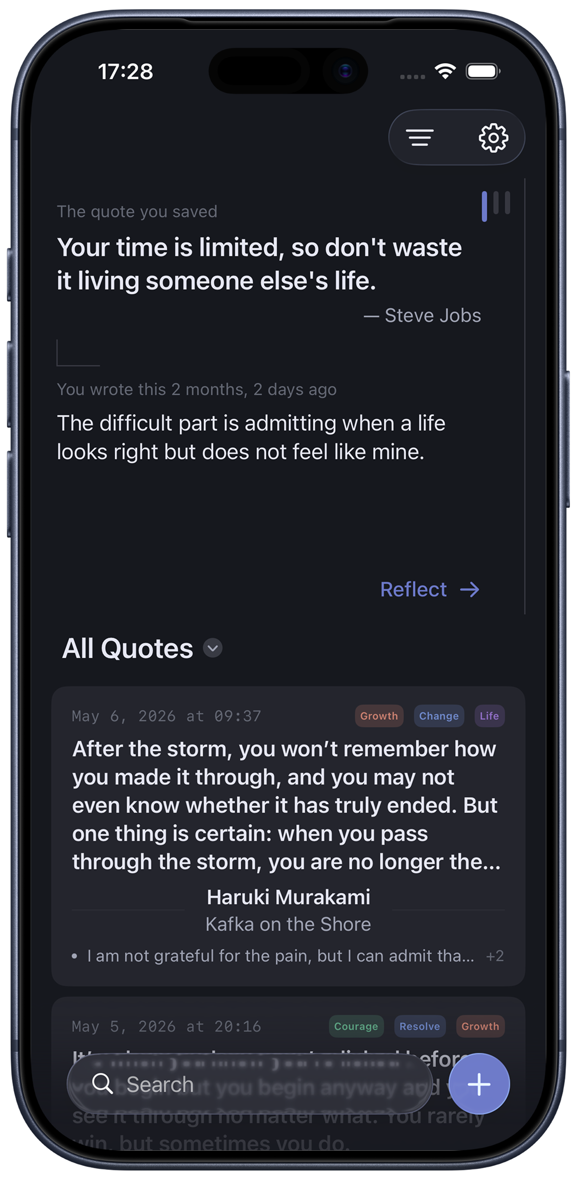Resonote quote collection and reflection timeline on iPhone